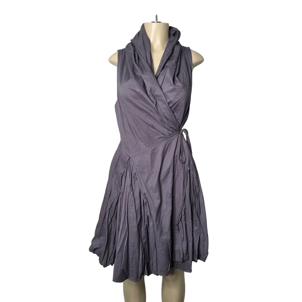 Elan Wrap Dress Womens M Gray V507 Cotton Sleeveless Cowl Neck Bubble Hem Pleat
